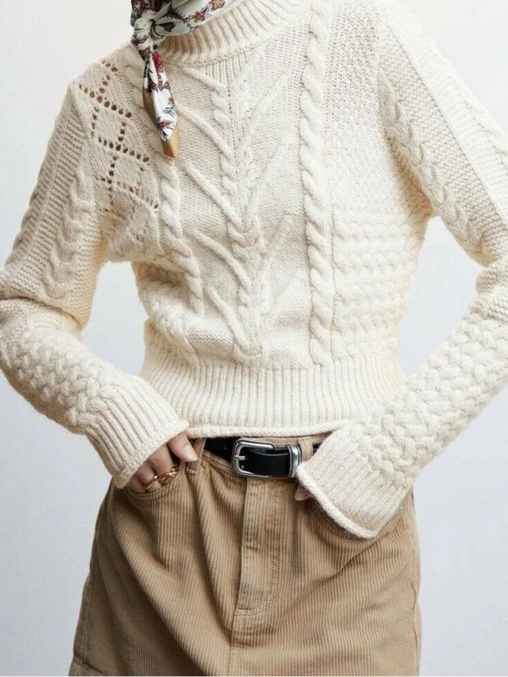 MANGO Cream Cable-Knit Mock Neck Sweater - Women